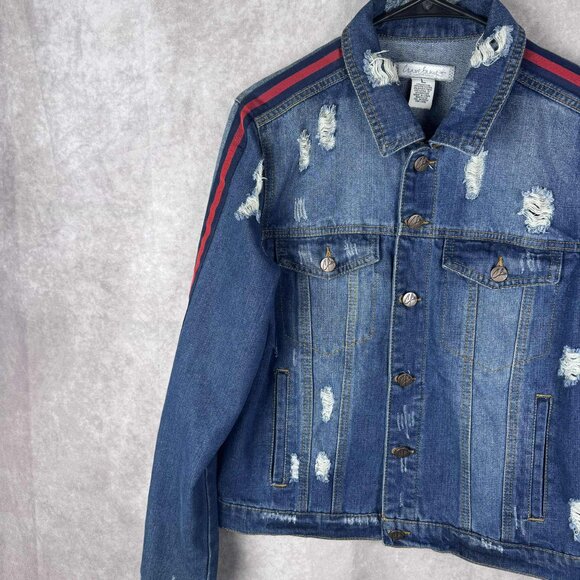 Crave Fame Distressed Denim Jacket Size L with Red Shoulder Stripes - Picture 3 of 9